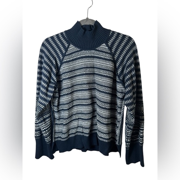 Cyrus Women’s Sweater Large Blue Striped Knit Long Sleeve Mock Neck Pullover - Picture 2 of 8